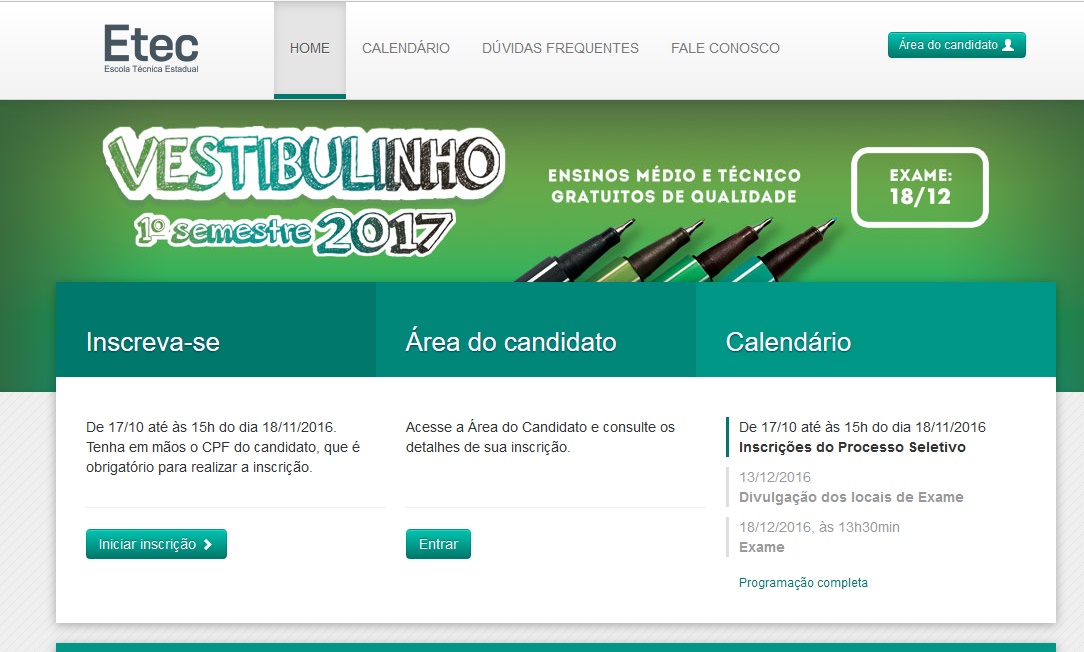 Inscrições para Vestibulinho 2017 da Etec seguem até 18/11