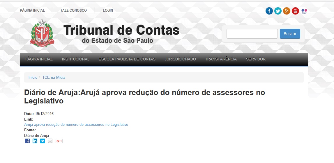 Site do TCE destaca redução do número de assessores em Arujá
