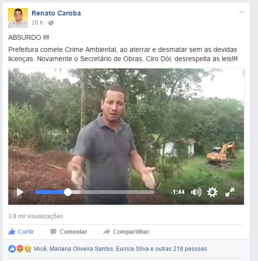 Em vídeo, Renato Caroba denuncia ação ilegal da Prefeitura no Mirante