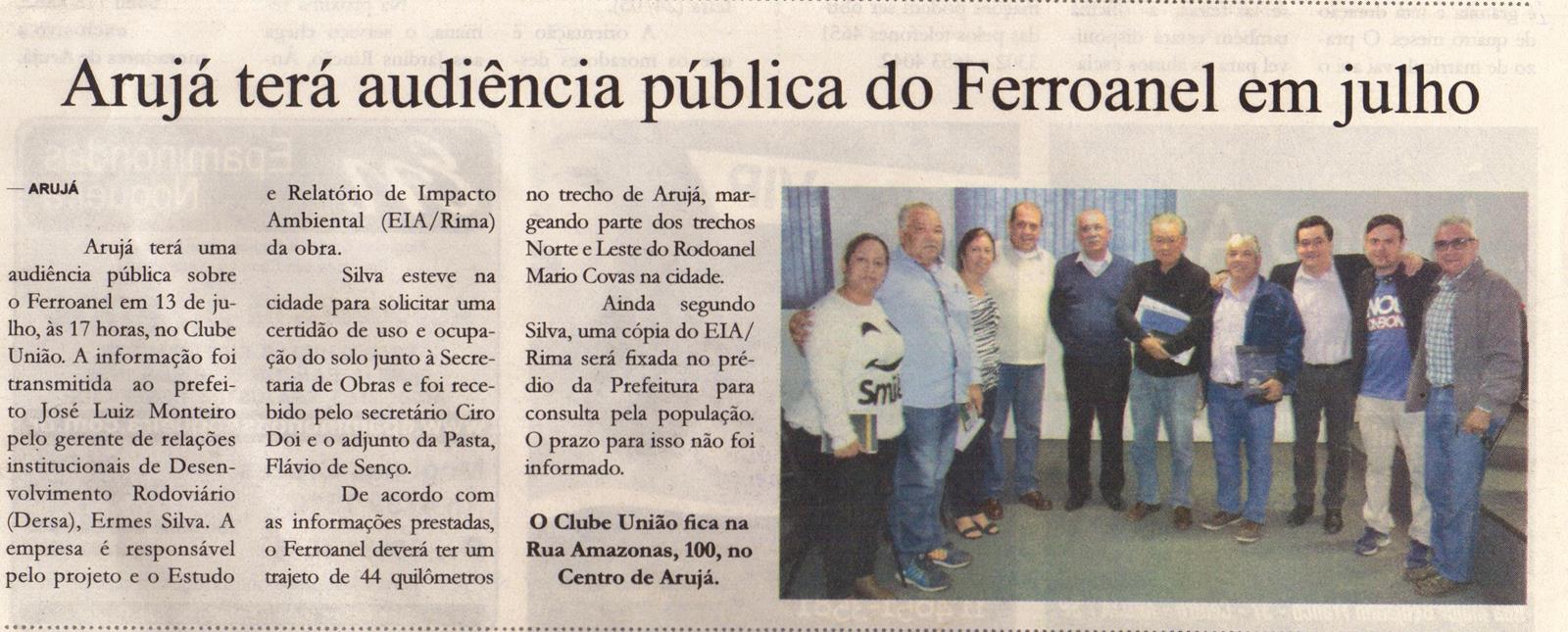 Arujá sediará audiência pública do Ferroanel no dia 25/7 (terça-feira)
